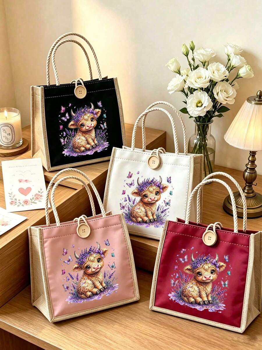 Cute Highland Cow Lavender Butterfly Print Tote Bag, Handbag, Large Capacity Reusable Shopping Shoulder Bag, Travel Shopping Bag, Multi-Functional Storage Bag, Makeup Bag, School Bag, Shoulder Bag, Su