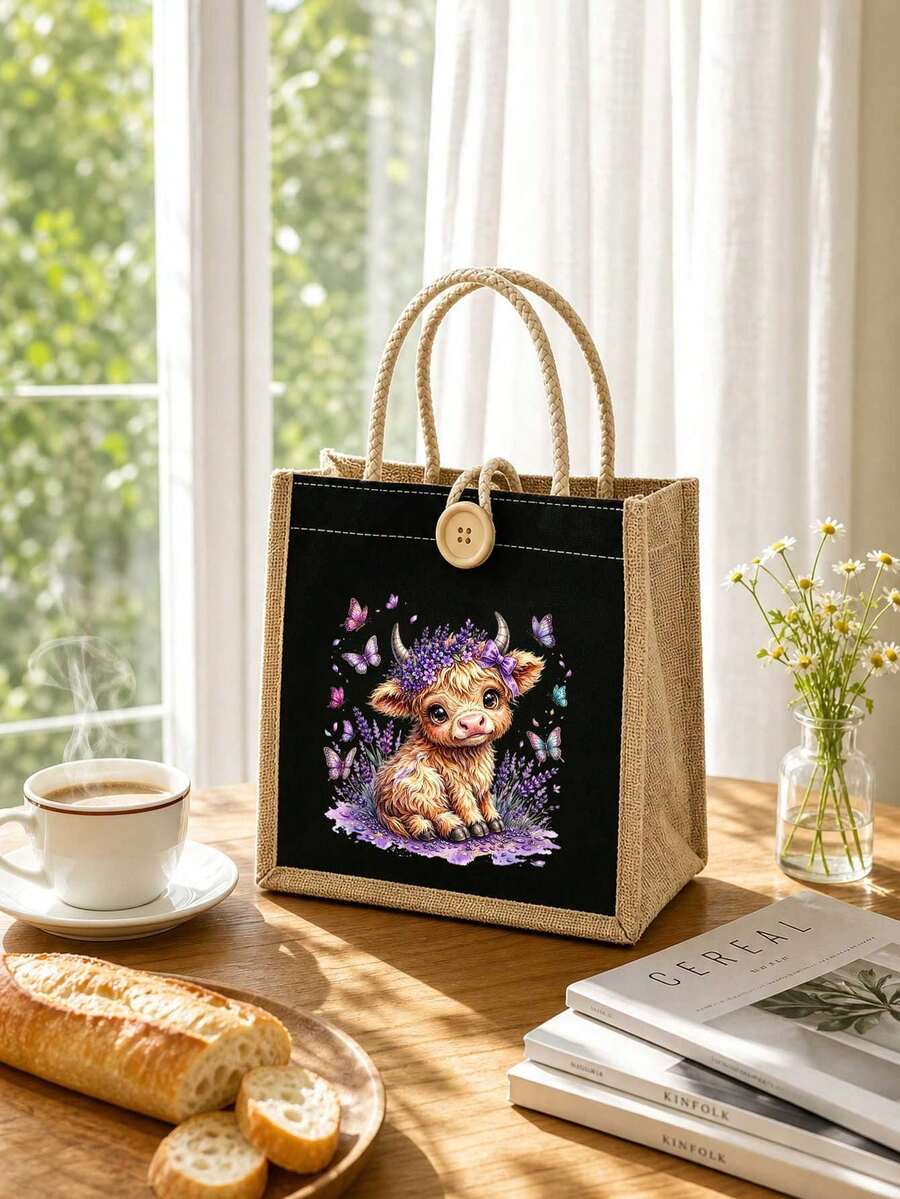 Cute Highland Cow Lavender Butterfly Print Tote Bag, Handbag, Large Capacity Reusable Shopping Shoulder Bag, Travel Shopping Bag, Multi-Functional Storage Bag, Makeup Bag, School Bag, Shoulder Bag, Su