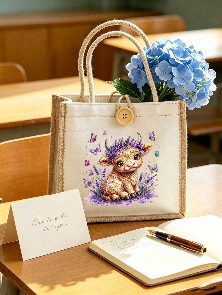 Cute Highland Cow Lavender Butterfly Print Tote Bag, Handbag, Large Capacity Reusable Shopping Shoulder Bag, Travel Shopping Bag, Multi-Functional Storage Bag, Makeup Bag, School Bag, Shoulder Bag, Su