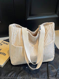 Minimalist Women's Corduroy Wide Stripe Tote Bag, Foldable Shoulder Bag, Lightweight Shopping Bag, Student School Bag