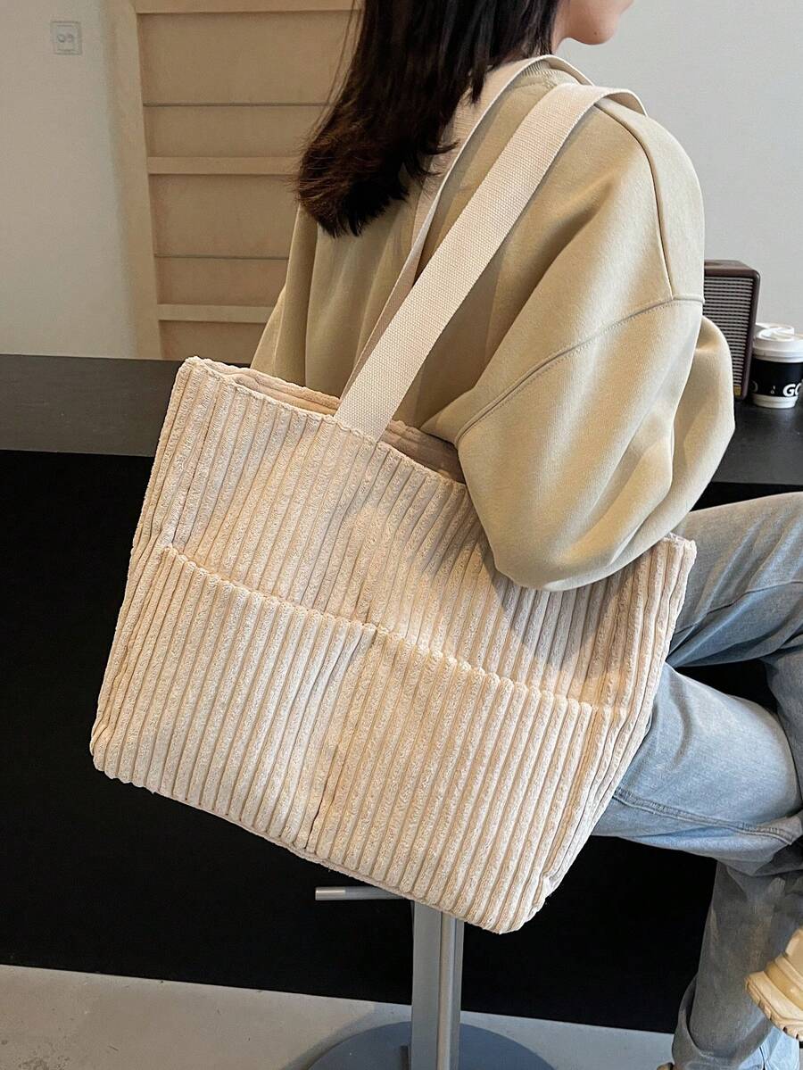 Minimalist Women's Corduroy Wide Stripe Tote Bag, Foldable Shoulder Bag, Lightweight Shopping Bag, Student School Bag