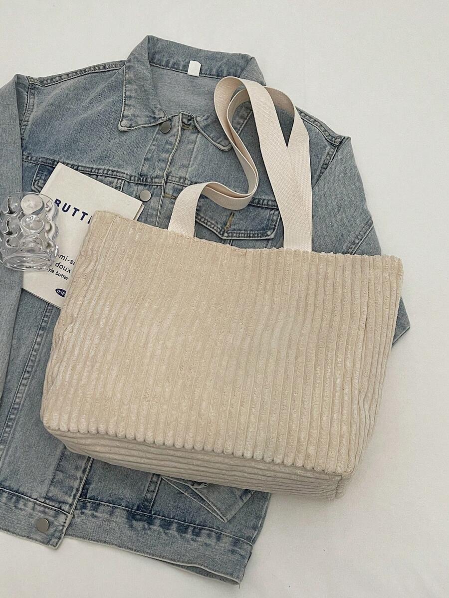 Minimalist Women's Corduroy Wide Stripe Tote Bag, Foldable Shoulder Bag, Lightweight Shopping Bag, Student School Bag