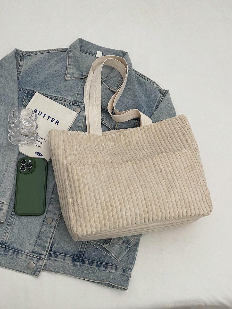 Minimalist Women's Corduroy Wide Stripe Tote Bag, Foldable Shoulder Bag, Lightweight Shopping Bag, Student School Bag