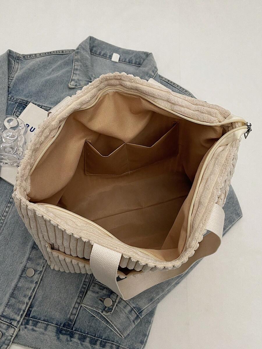 Minimalist Women's Corduroy Wide Stripe Tote Bag, Foldable Shoulder Bag, Lightweight Shopping Bag, Student School Bag