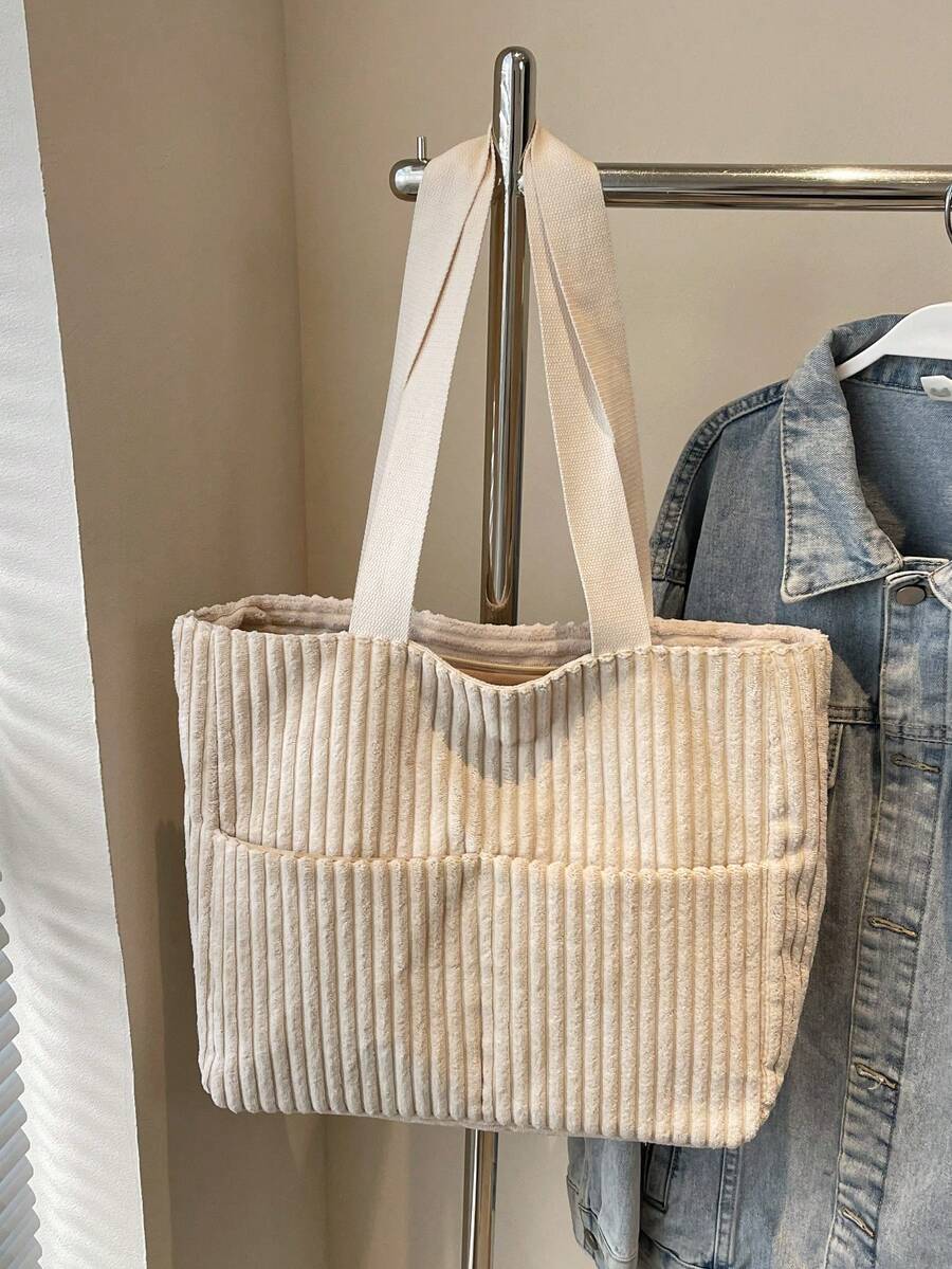 Minimalist Women's Corduroy Wide Stripe Tote Bag, Foldable Shoulder Bag, Lightweight Shopping Bag, Student School Bag