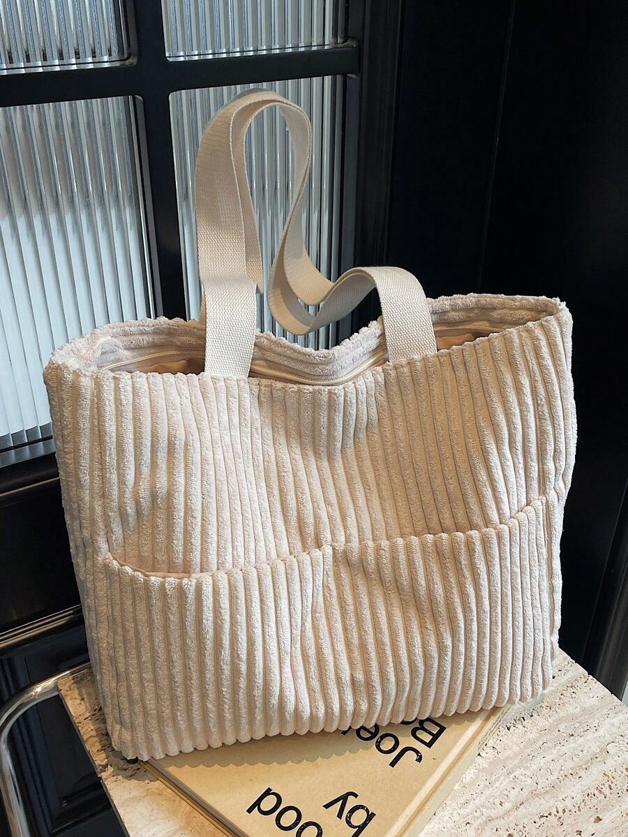 Minimalist Women's Corduroy Wide Stripe Tote Bag, Foldable Shoulder Bag, Lightweight Shopping Bag, Student School Bag