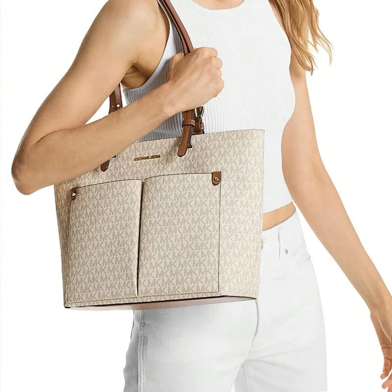 Michael Kors Jet Set Travel Women's Logo Print Shoulder Tote Bag 35F3GTVT3B VANILLA