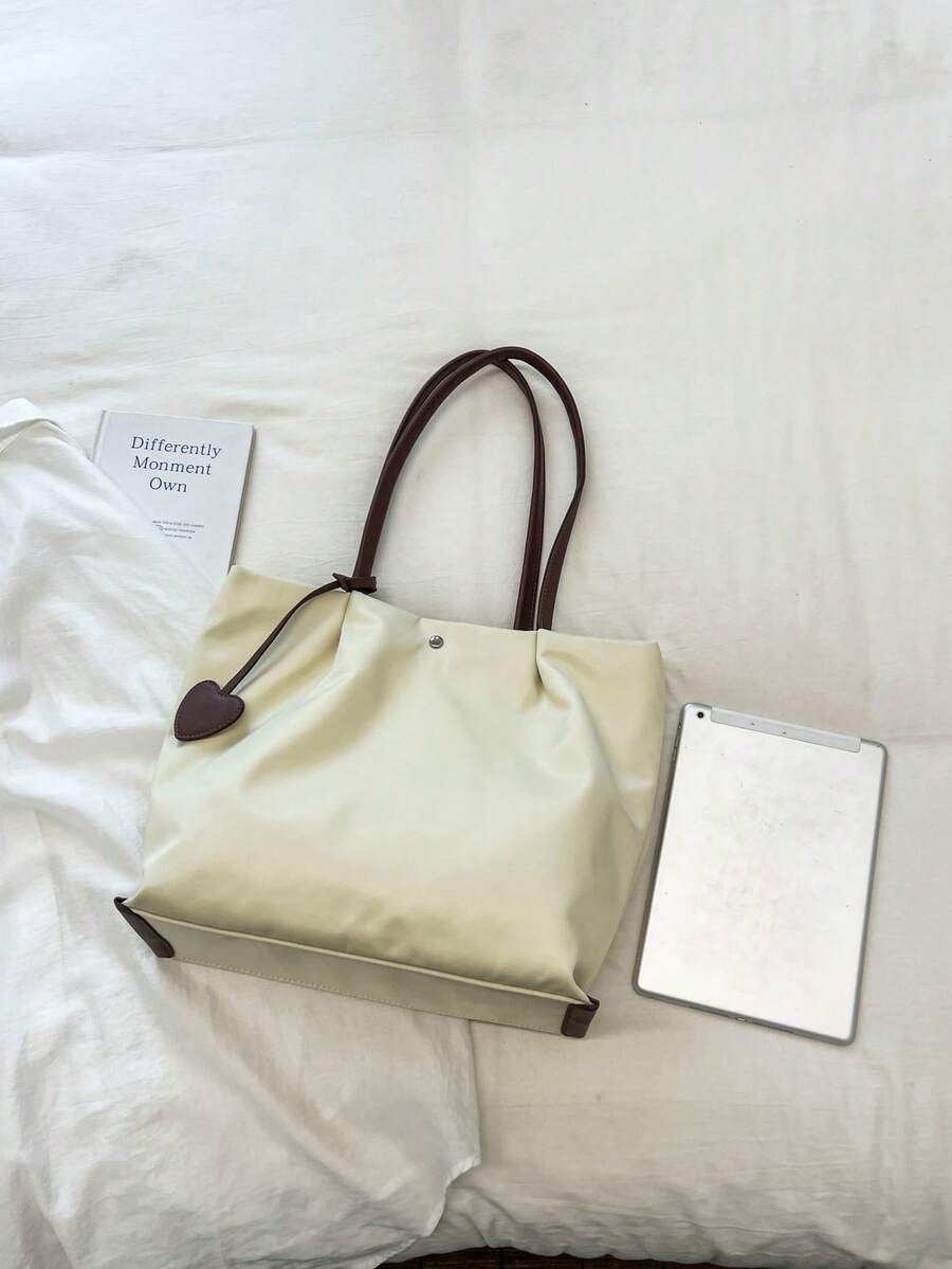 1pc Beige Nylon Tote Bag, Women's Minimalist Large Capacity Shoulder Bag, With Heart Pendant, Durable Handbag, Suitable For Work, Commute, Travel And Outings