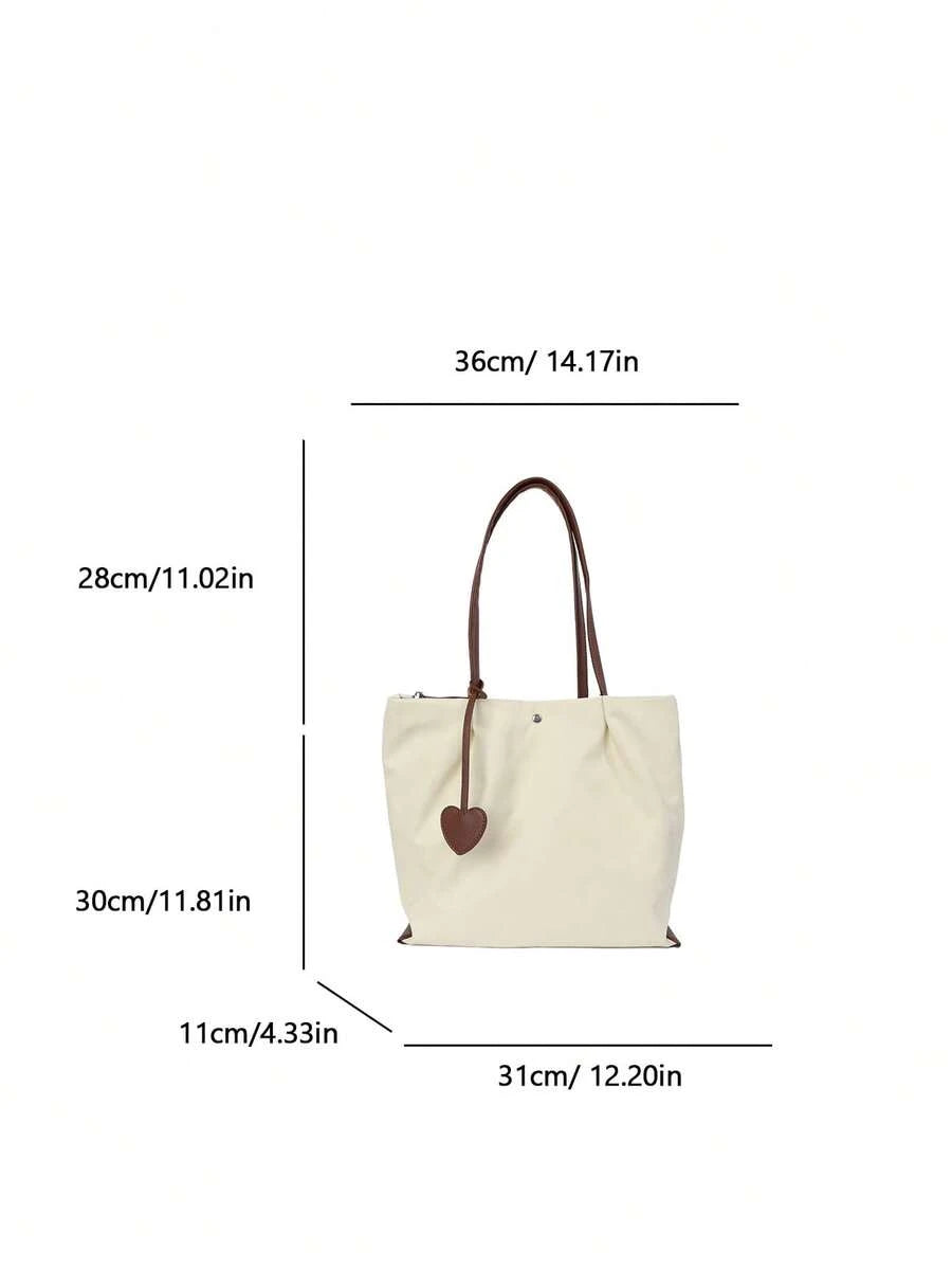 1pc Beige Nylon Tote Bag, Women's Minimalist Large Capacity Shoulder Bag, With Heart Pendant, Durable Handbag, Suitable For Work, Commute, Travel And Outings