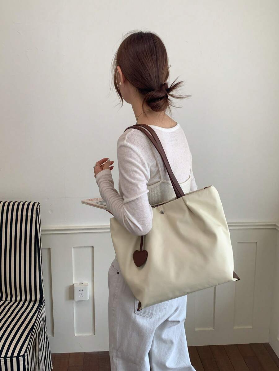 1pc Beige Nylon Tote Bag, Women's Minimalist Large Capacity Shoulder Bag, With Heart Pendant, Durable Handbag, Suitable For Work, Commute, Travel And Outings