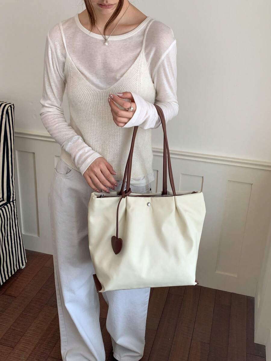1pc Beige Nylon Tote Bag, Women's Minimalist Large Capacity Shoulder Bag, With Heart Pendant, Durable Handbag, Suitable For Work, Commute, Travel And Outings