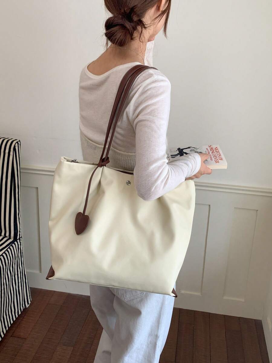 1pc Beige Nylon Tote Bag, Women's Minimalist Large Capacity Shoulder Bag, With Heart Pendant, Durable Handbag, Suitable For Work, Commute, Travel And Outings