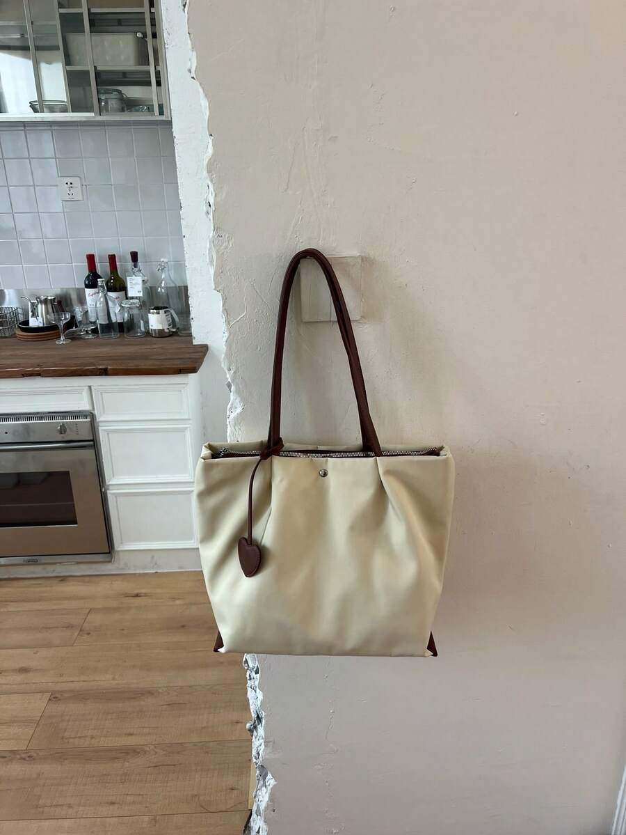 1pc Beige Nylon Tote Bag, Women's Minimalist Large Capacity Shoulder Bag, With Heart Pendant, Durable Handbag, Suitable For Work, Commute, Travel And Outings