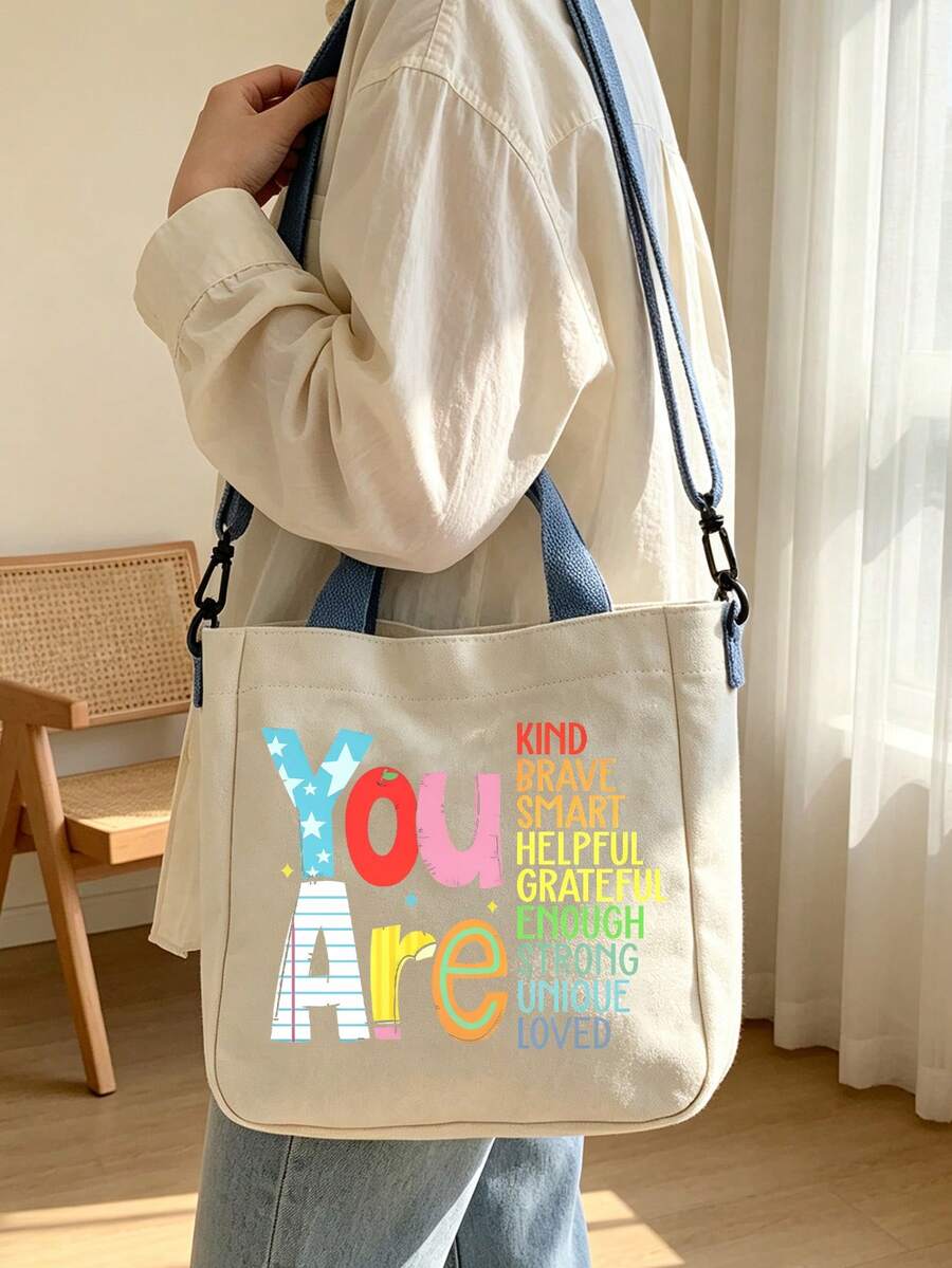 Multifunctional Women's Tote Bag, Women's Shoulder Bag, Large Capacity Multifunctional Crossbody Bag, Lightweight Commuter Shopping Bag, Makeup Bag, Printed With "You Are Kind Brave..." Portable Dail