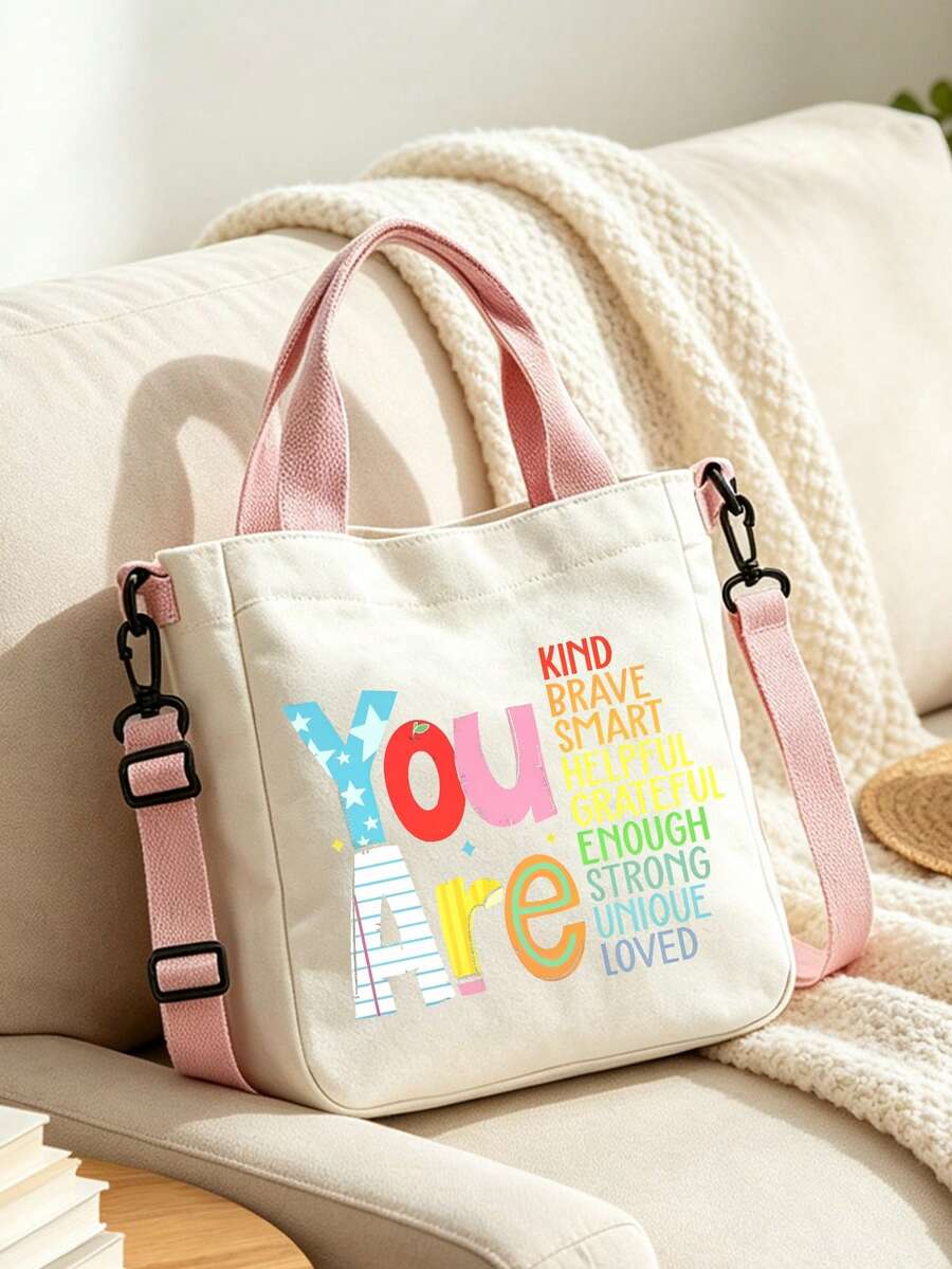 Multifunctional Women's Tote Bag, Women's Shoulder Bag, Large Capacity Multifunctional Crossbody Bag, Lightweight Commuter Shopping Bag, Makeup Bag, Printed With "You Are Kind Brave..." Portable Dail