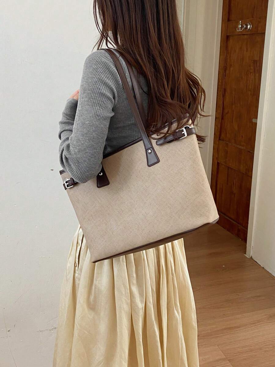 Solid Color PU Material Zipper Closure Women's Bag, Fashionable And Versatile Shoulder Tote Bag, Business Style Commuting Office Daily Work