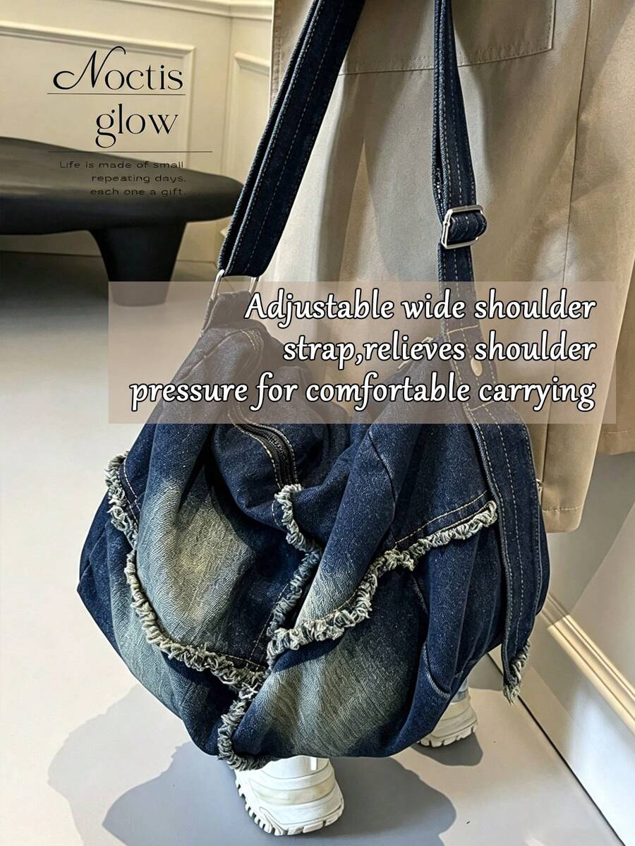 Vintage Washed Denim Hobo Shoulder Bag For Women Large Capacity Tote Bag Practical Fabric Adjustable Strap Crossbody Bag For Daily Shopping Travel