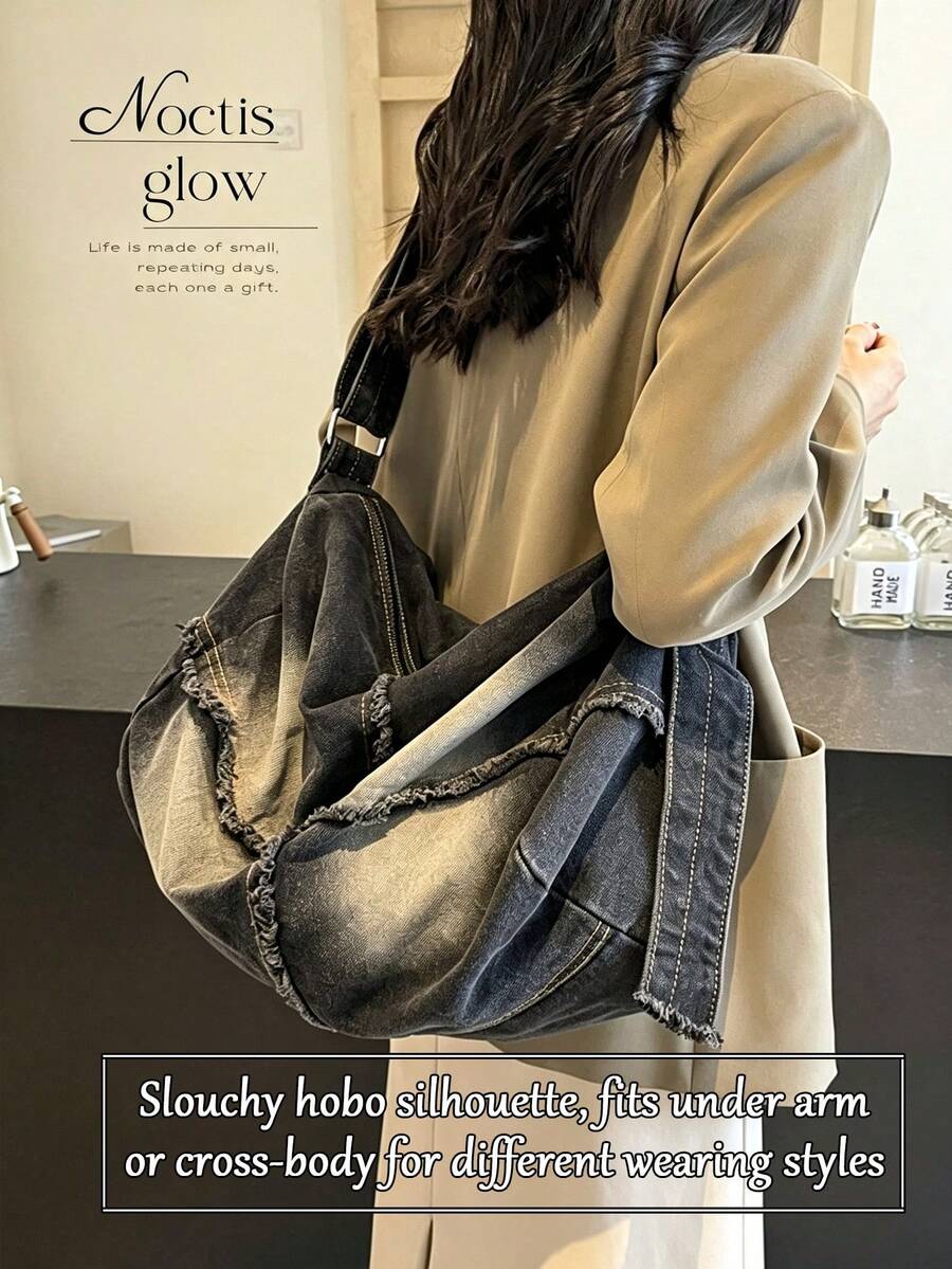 Vintage Washed Denim Hobo Shoulder Bag For Women Large Capacity Tote Bag Practical Fabric Adjustable Strap Crossbody Bag For Daily Shopping Travel