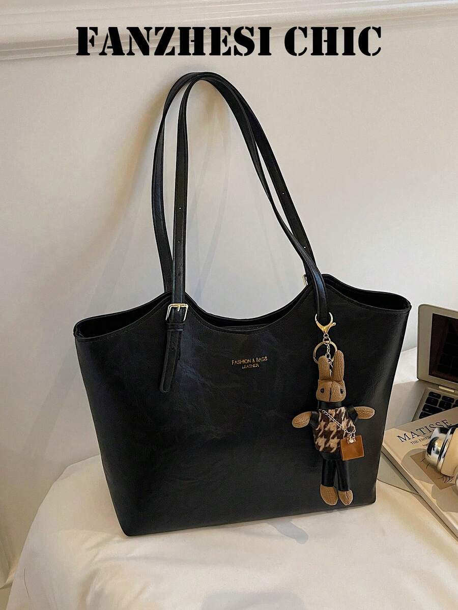 Cute Plush Rabbit Doll Pendant Metal Letter Print Accessory Distressed Multi-Compartment Storage Zipper Open Double Closure Minimalist Commuter Style Tote Bag Student Class Office Worker Commute Handb