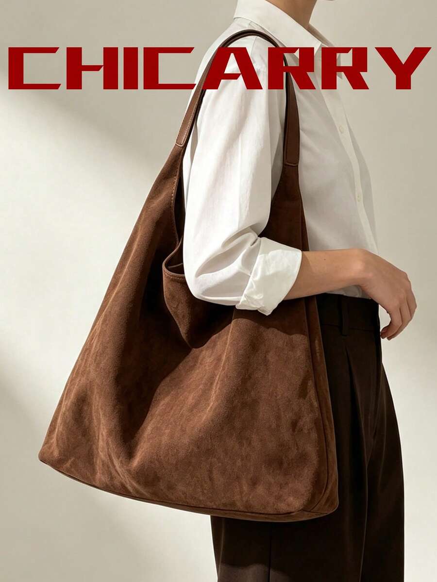 Women's Shoulder Casual Faux Suede Tote Bag With Small Pouch, Large Capacity Fashion Versatile Street Coffee Color Hobo Bag, Foldable Storage, Suitable For Shopping, Travel, Commuting