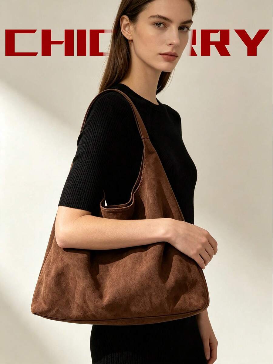 Women's Shoulder Casual Faux Suede Tote Bag With Small Pouch, Large Capacity Fashion Versatile Street Coffee Color Hobo Bag, Foldable Storage, Suitable For Shopping, Travel, Commuting