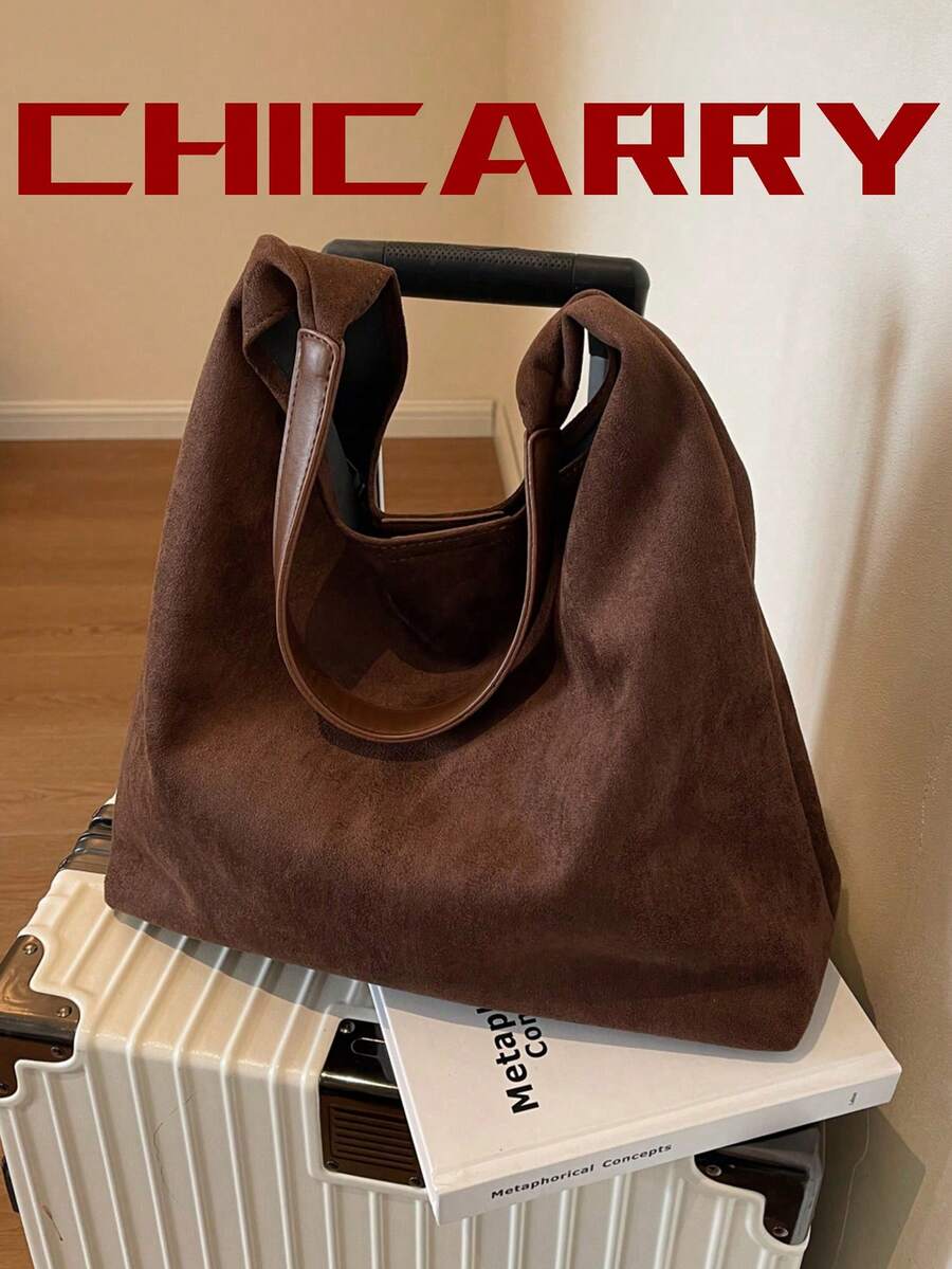 Women's Shoulder Casual Faux Suede Tote Bag With Small Pouch, Large Capacity Fashion Versatile Street Coffee Color Hobo Bag, Foldable Storage, Suitable For Shopping, Travel, Commuting