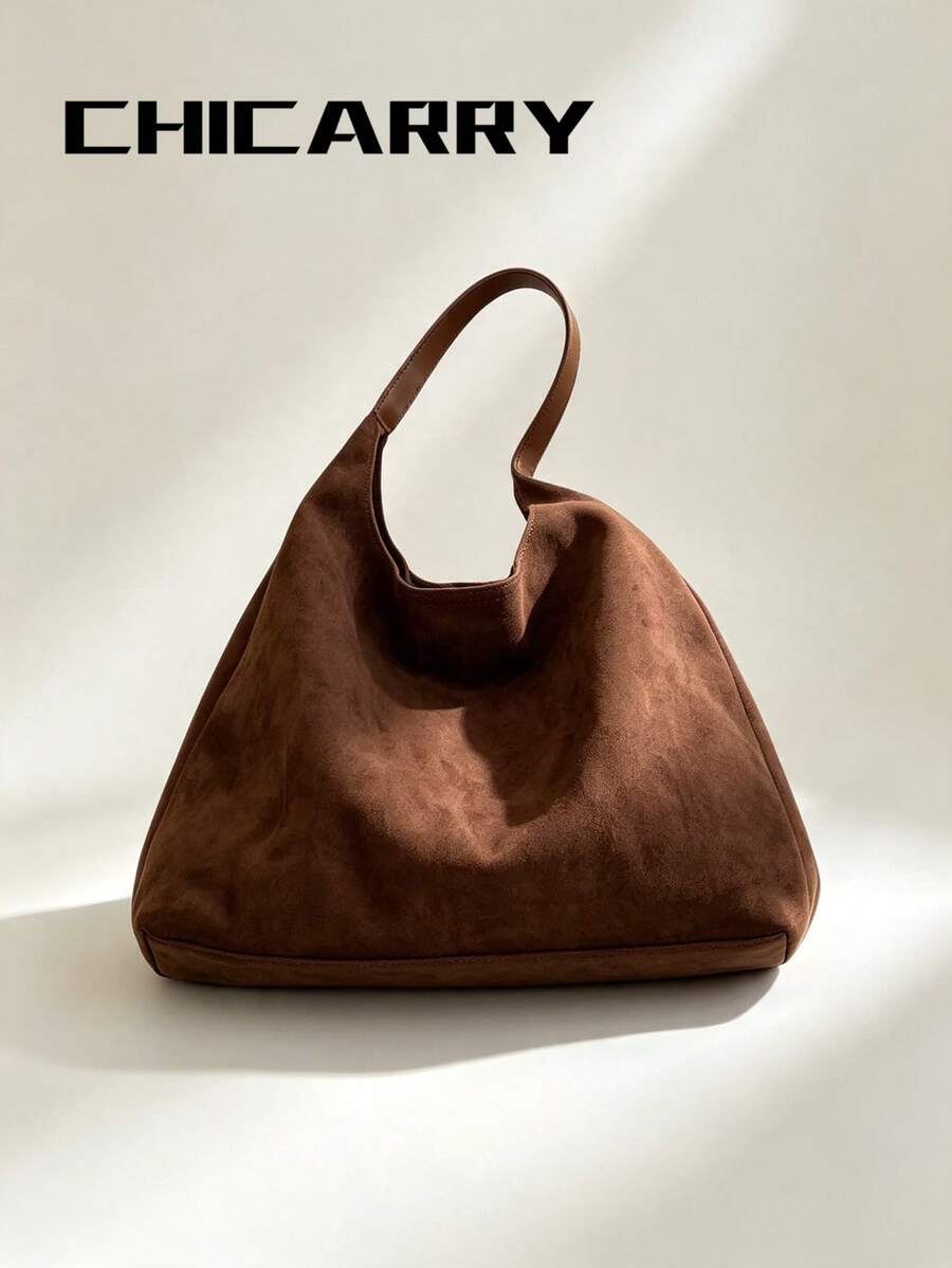 Women's Shoulder Casual Faux Suede Tote Bag With Small Pouch, Large Capacity Fashion Versatile Street Coffee Color Hobo Bag, Foldable Storage, Suitable For Shopping, Travel, Commuting