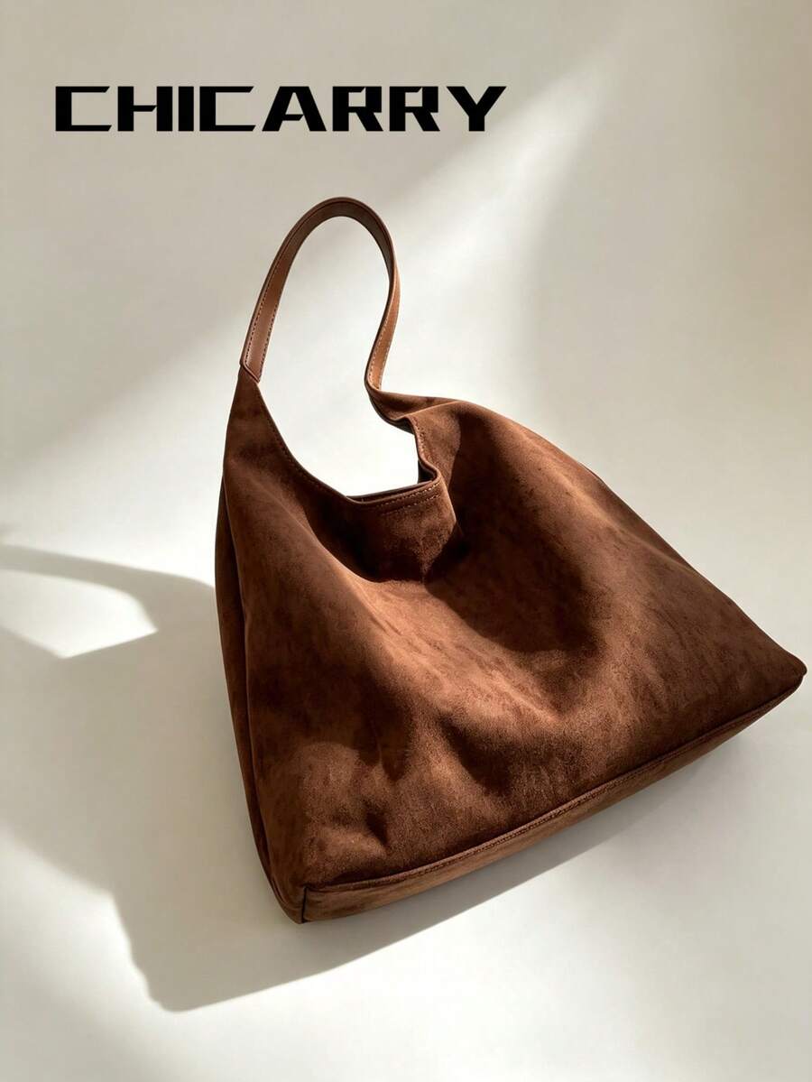Women's Shoulder Casual Faux Suede Tote Bag With Small Pouch, Large Capacity Fashion Versatile Street Coffee Color Hobo Bag, Foldable Storage, Suitable For Shopping, Travel, Commuting