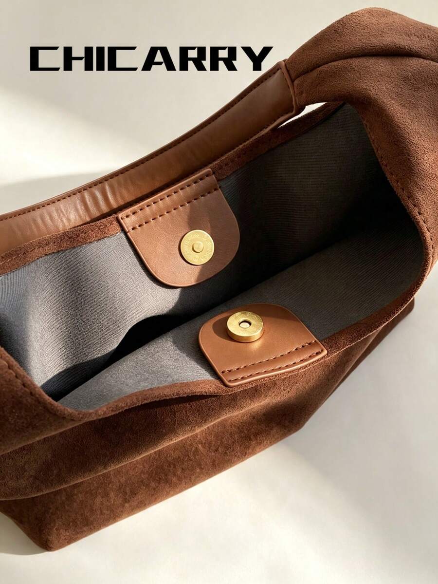 Women's Shoulder Casual Faux Suede Tote Bag With Small Pouch, Large Capacity Fashion Versatile Street Coffee Color Hobo Bag, Foldable Storage, Suitable For Shopping, Travel, Commuting