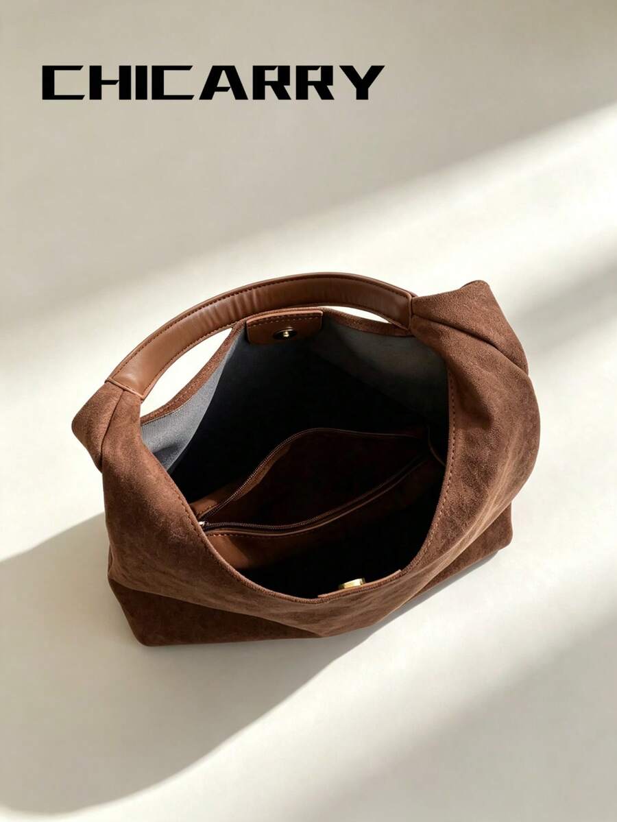 Women's Shoulder Casual Faux Suede Tote Bag With Small Pouch, Large Capacity Fashion Versatile Street Coffee Color Hobo Bag, Foldable Storage, Suitable For Shopping, Travel, Commuting