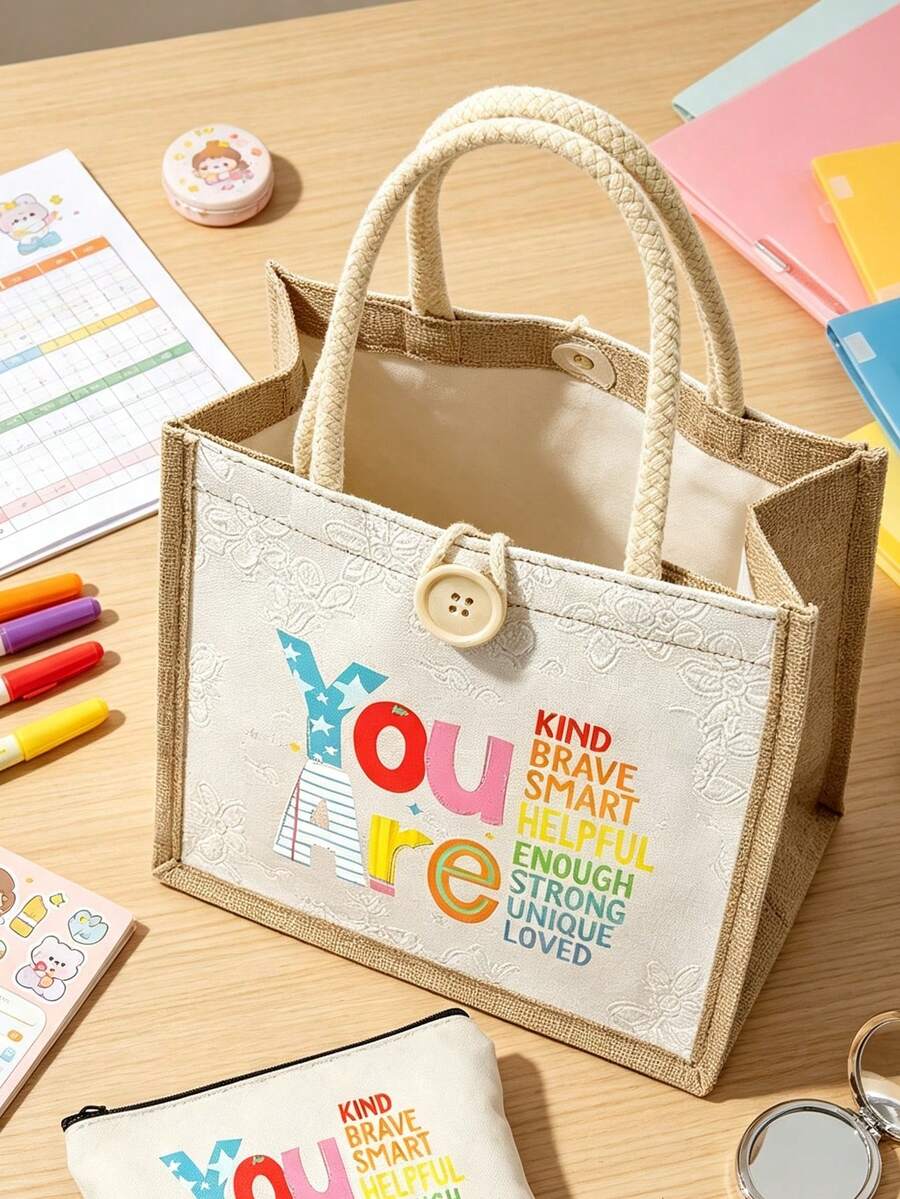 Inspirational Print Tote Bag Set, Fun Design, With Zipper Coin Purse, Large Capacity Cosmetic Bag, Reusable Shopping Bag, Multi-Functional Toiletry Bag, Makeup Storage Bag, Travel Cosmetic Bag, Portab