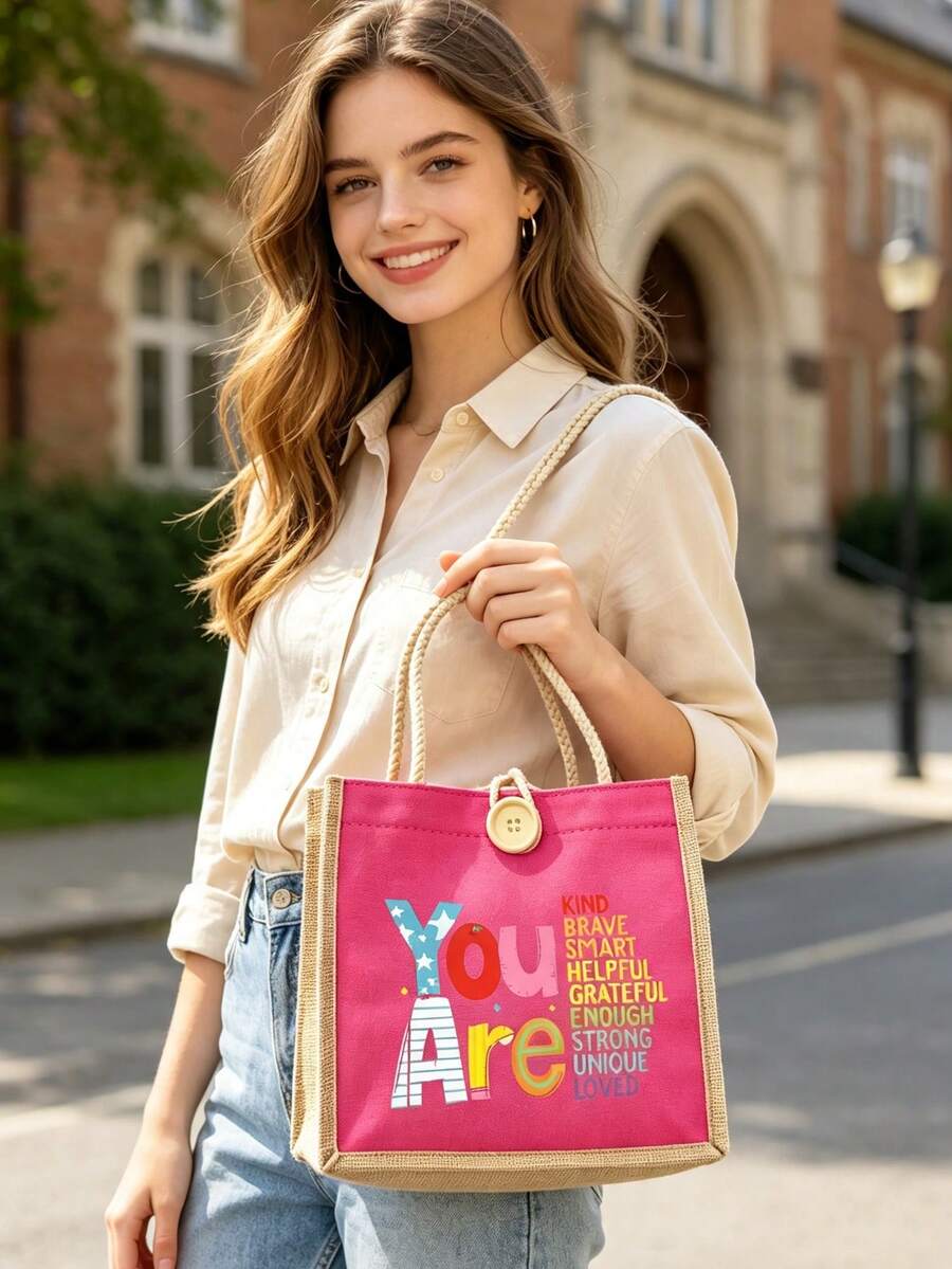 Inspirational Print Tote Bag Set, Fun Design, With Zipper Coin Purse, Large Capacity Cosmetic Bag, Reusable Shopping Bag, Multi-Functional Toiletry Bag, Makeup Storage Bag, Travel Cosmetic Bag, Portab