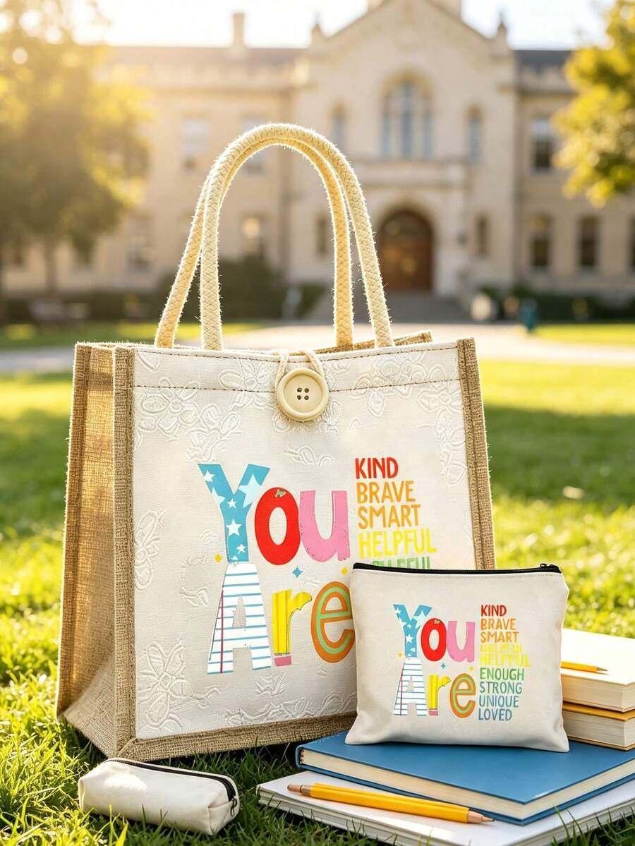 Inspirational Print Tote Bag Set, Fun Design, With Zipper Coin Purse, Large Capacity Cosmetic Bag, Reusable Shopping Bag, Multi-Functional Toiletry Bag, Makeup Storage Bag, Travel Cosmetic Bag, Portab