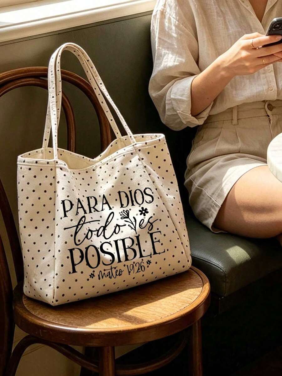 White Polka Dot Canvas Tote Bag And Matching Zipper Pouch Set, Printed With Spanish Christian Scripture "Para Dios Todo Es Posible", Large Capacity Shoulder Bag, Commuter Bag, Tablet Bag, Storage Bag
