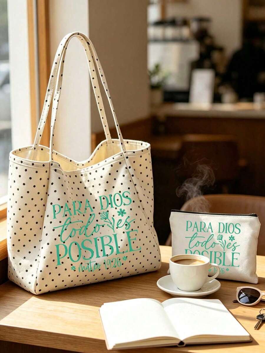 White Polka Dot Canvas Tote Bag And Matching Zipper Pouch Set, Printed With Spanish Christian Scripture "Para Dios Todo Es Posible", Large Capacity Shoulder Bag, Commuter Bag, Tablet Bag, Storage Bag