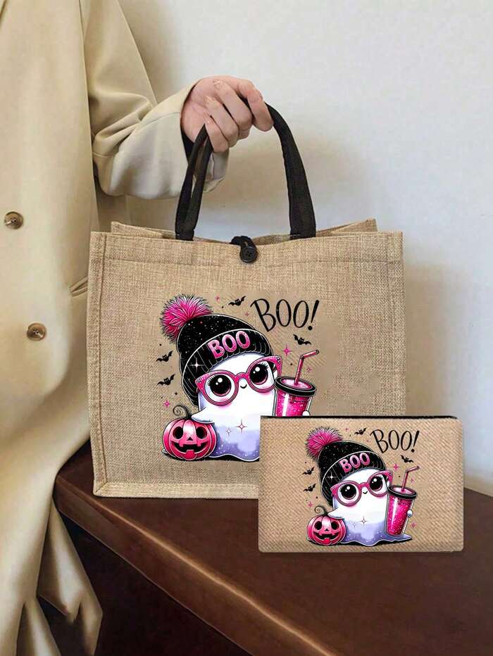 Halloween Cute Pink Ghost "BOO" Print Linen Tote Bag And Matching Zippered Stora
