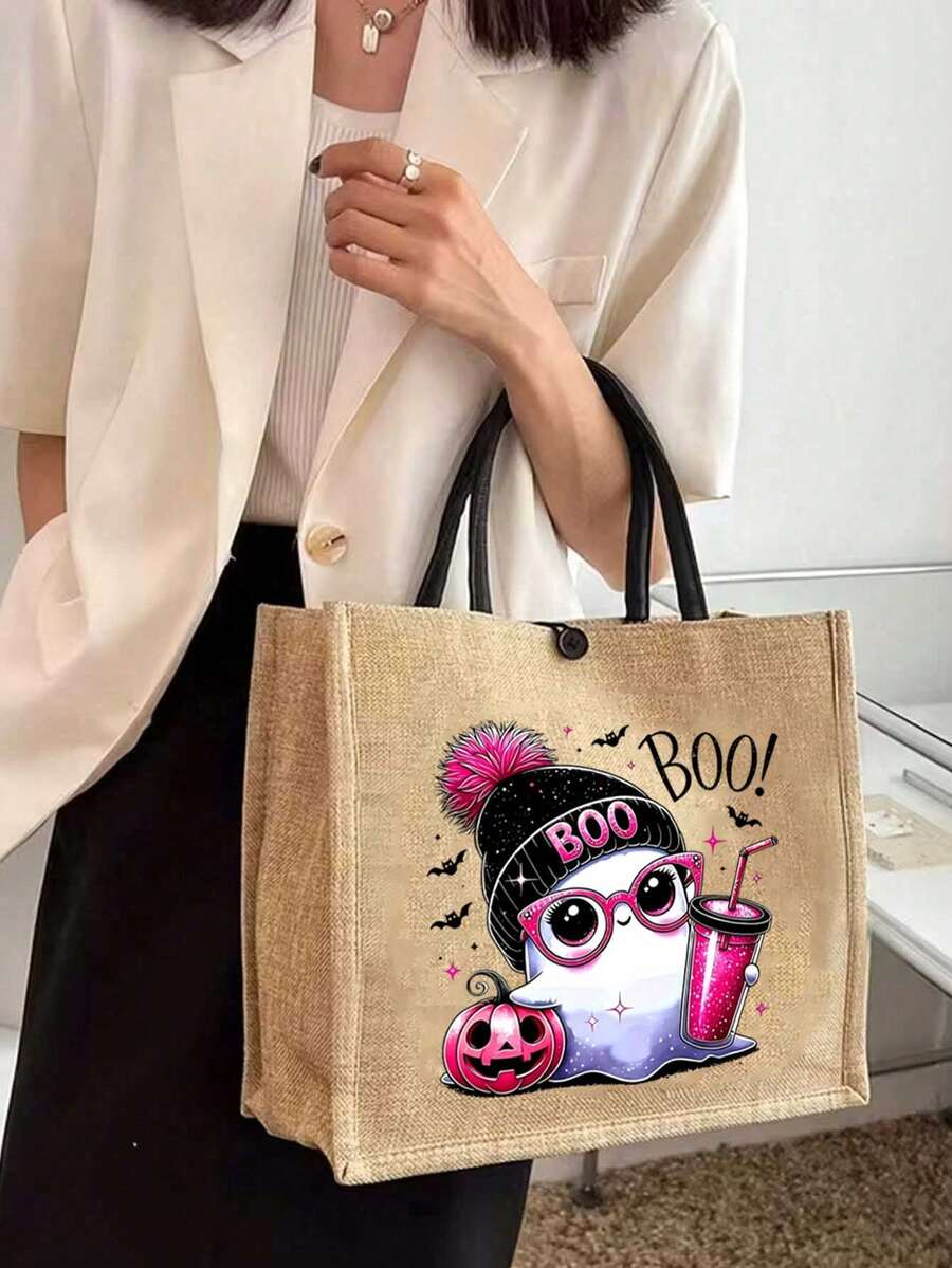 Halloween Cute Pink Ghost "BOO" Print Linen Tote Bag And Matching Zippered Storage Pouch Set, Featuring Funny Pumpkin And Bat Cartoon Patterns, Large Capacity Shoulder Handbag, Lightweight Reusable Ca