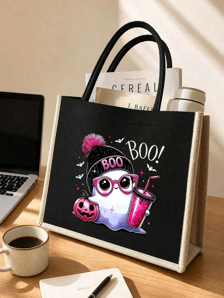 Halloween Cute Pink Ghost "BOO" Print Linen Tote Bag And Matching Zippered Storage Pouch Set, Featuring Funny Pumpkin And Bat Cartoon Patterns, Large Capacity Shoulder Handbag, Lightweight Reusable Ca