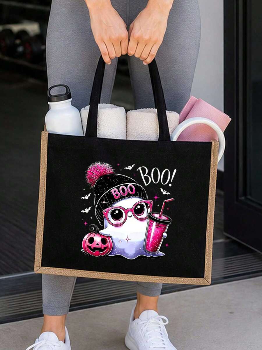 Halloween Cute Pink Ghost "BOO" Print Linen Tote Bag And Matching Zippered Storage Pouch Set, Featuring Funny Pumpkin And Bat Cartoon Patterns, Large Capacity Shoulder Handbag, Lightweight Reusable Ca