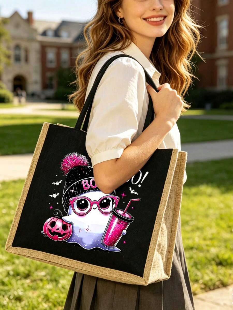 Halloween Cute Pink Ghost "BOO" Print Linen Tote Bag And Matching Zippered Storage Pouch Set, Featuring Funny Pumpkin And Bat Cartoon Patterns, Large Capacity Shoulder Handbag, Lightweight Reusable Ca