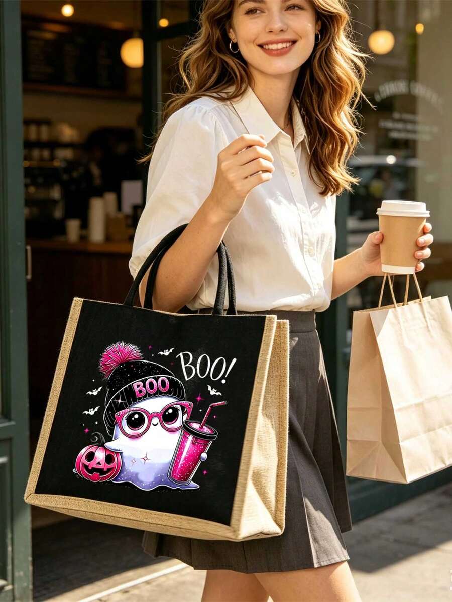 Halloween Cute Pink Ghost "BOO" Print Linen Tote Bag And Matching Zippered Storage Pouch Set, Featuring Funny Pumpkin And Bat Cartoon Patterns, Large Capacity Shoulder Handbag, Lightweight Reusable Ca