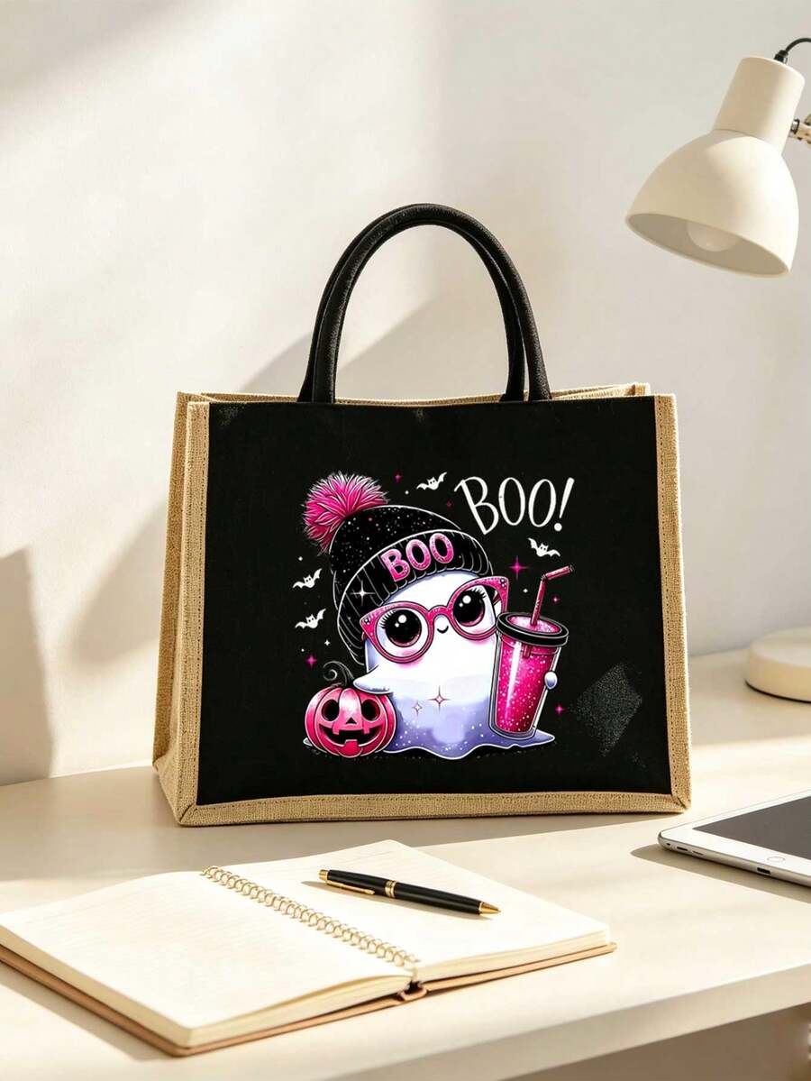 Halloween Cute Pink Ghost "BOO" Print Linen Tote Bag And Matching Zippered Storage Pouch Set, Featuring Funny Pumpkin And Bat Cartoon Patterns, Large Capacity Shoulder Handbag, Lightweight Reusable Ca