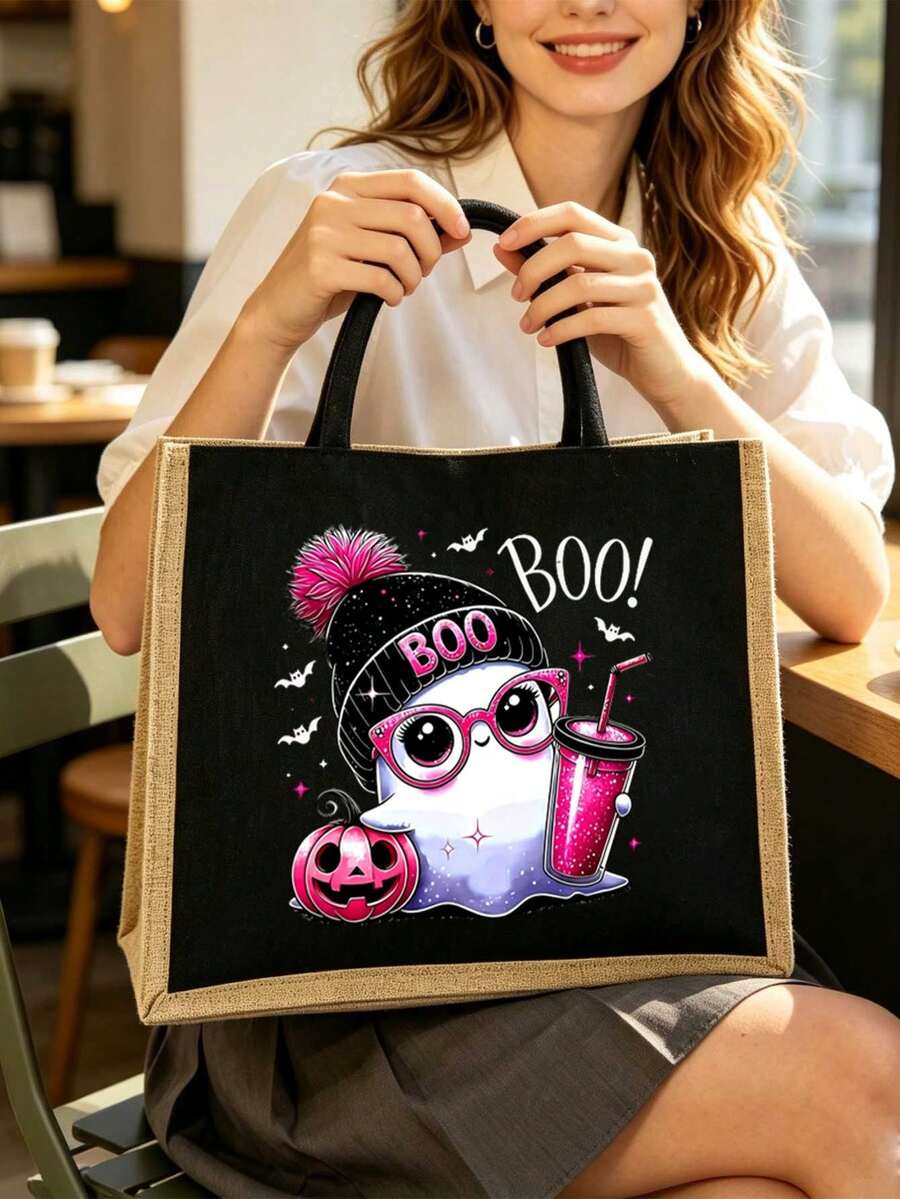 Halloween Cute Pink Ghost "BOO" Print Linen Tote Bag And Matching Zippered Storage Pouch Set, Featuring Funny Pumpkin And Bat Cartoon Patterns, Large Capacity Shoulder Handbag, Lightweight Reusable Ca