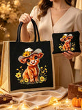Highland Cow & Floral Cowboy Hat Print Tote Bag And Mini Storage Bag Set- Cute W