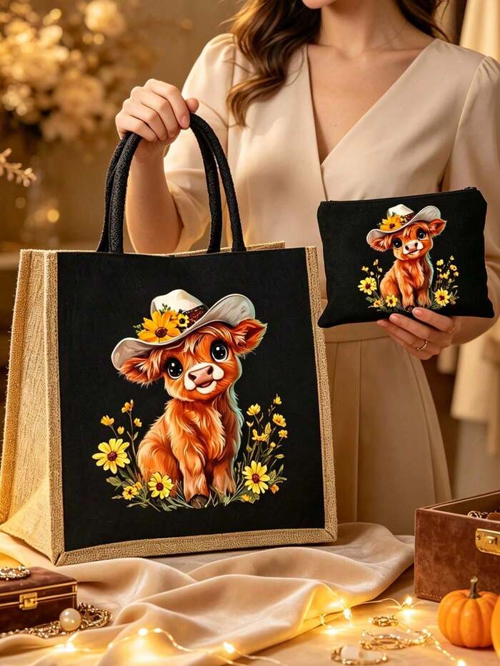 Highland Cow & Floral Cowboy Hat Print Tote Bag And Mini Storage Bag Set- Cute W