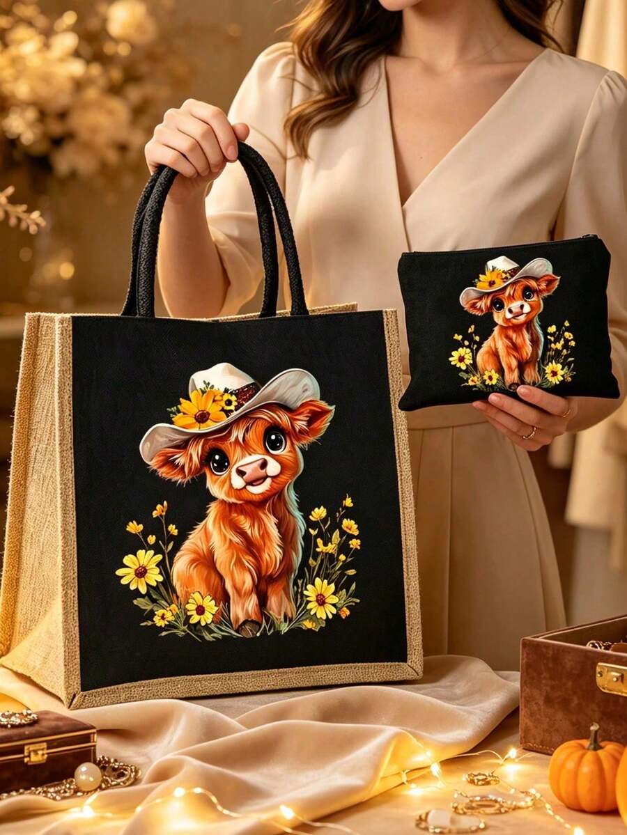 Highland Cow & Floral Cowboy Hat Print Tote Bag And Mini Storage Bag Set- Cute Western Country Style Calf Pattern Handbag, Large Capacity Makeup Bag With Hand Strap, Christmas Gift, Black Linen Coin