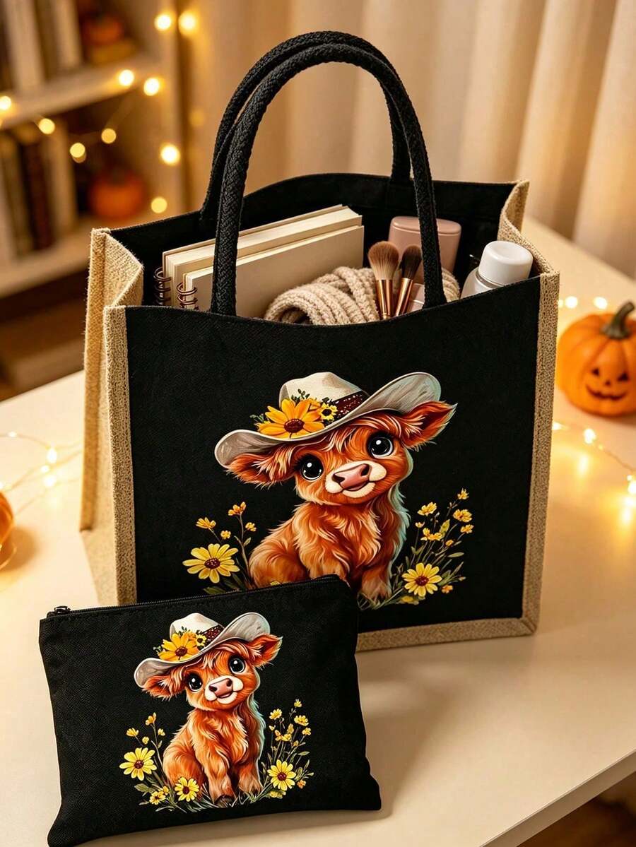 Highland Cow & Floral Cowboy Hat Print Tote Bag And Mini Storage Bag Set- Cute Western Country Style Calf Pattern Handbag, Large Capacity Makeup Bag With Hand Strap, Christmas Gift, Black Linen Coin