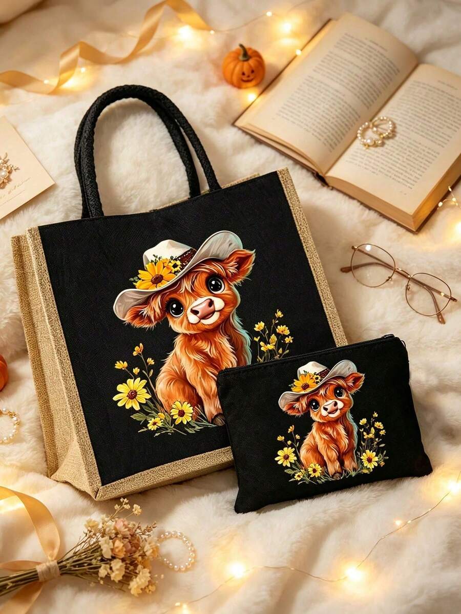 Highland Cow & Floral Cowboy Hat Print Tote Bag And Mini Storage Bag Set- Cute Western Country Style Calf Pattern Handbag, Large Capacity Makeup Bag With Hand Strap, Christmas Gift, Black Linen Coin