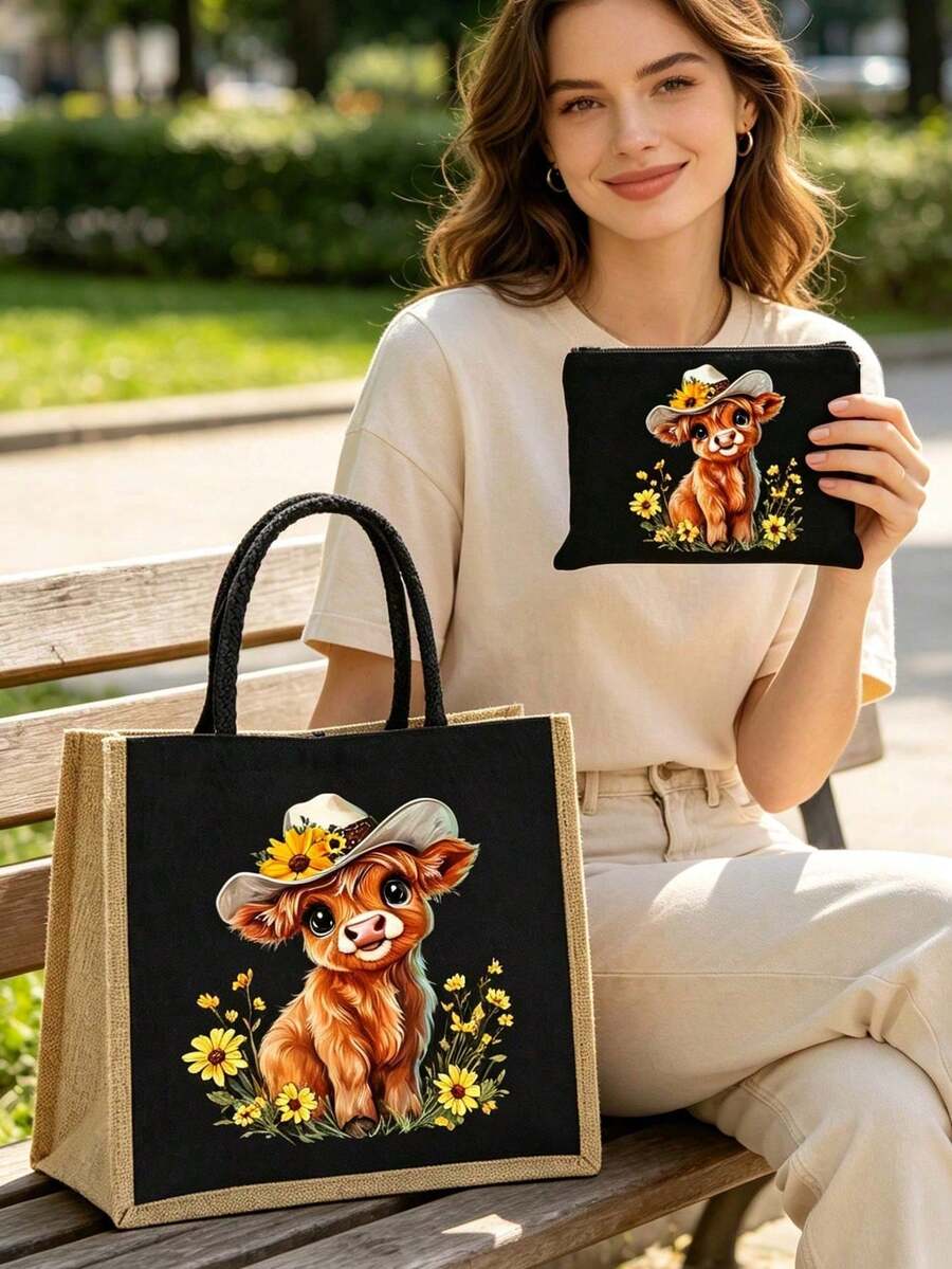 Highland Cow & Floral Cowboy Hat Print Tote Bag And Mini Storage Bag Set- Cute Western Country Style Calf Pattern Handbag, Large Capacity Makeup Bag With Hand Strap, Christmas Gift, Black Linen Coin