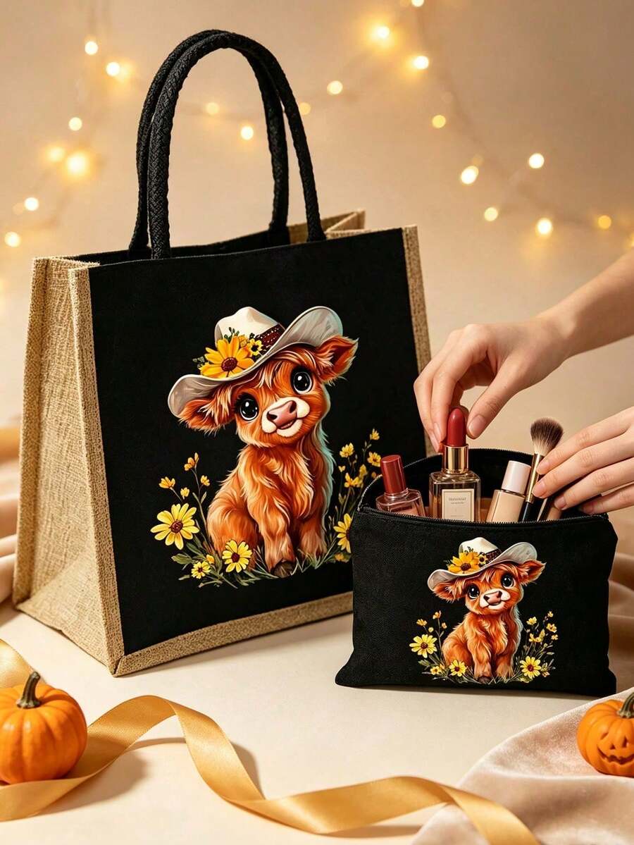 Highland Cow & Floral Cowboy Hat Print Tote Bag And Mini Storage Bag Set- Cute Western Country Style Calf Pattern Handbag, Large Capacity Makeup Bag With Hand Strap, Christmas Gift, Black Linen Coin